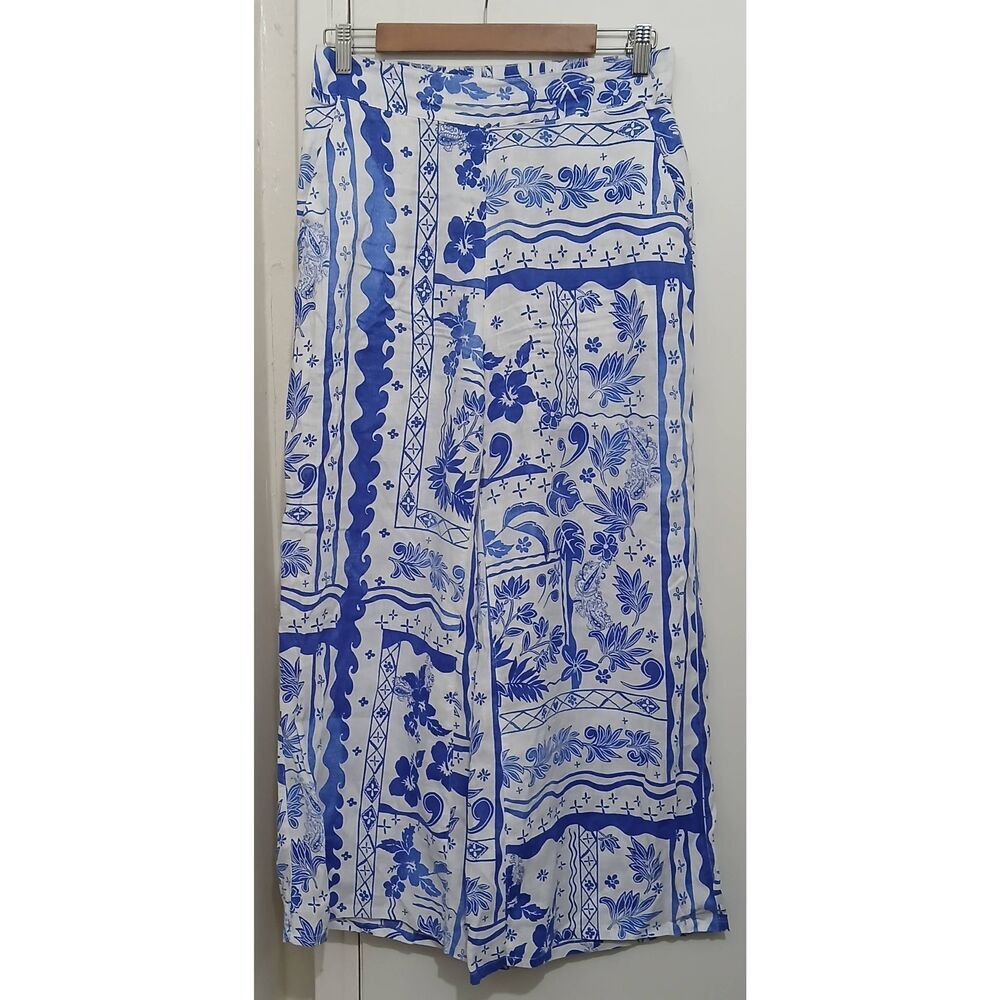Joie womens medium 100% linen wide leg ankle pants beachy airy flowy blue white